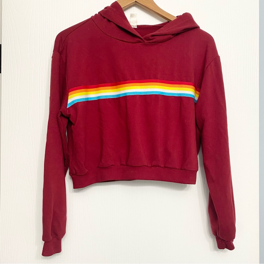 Cropped Maroon Hoodie with Multicolored Stripe H&M Women’s Size Medium